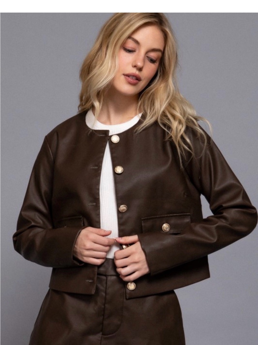 Women’s Brown Faux Leather Button Jacket